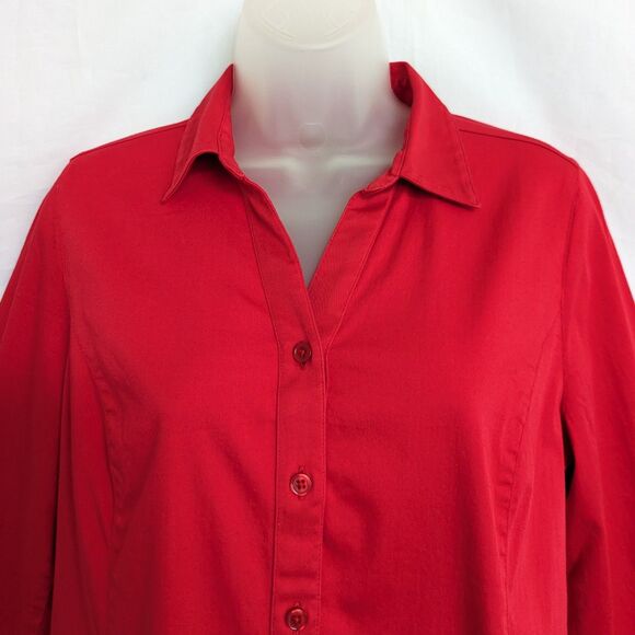 Chico's Size 0/S Red Button Up Shirt Long Sleeve Cotton Spandex Blouse Tunic - Picture 3 of 12
